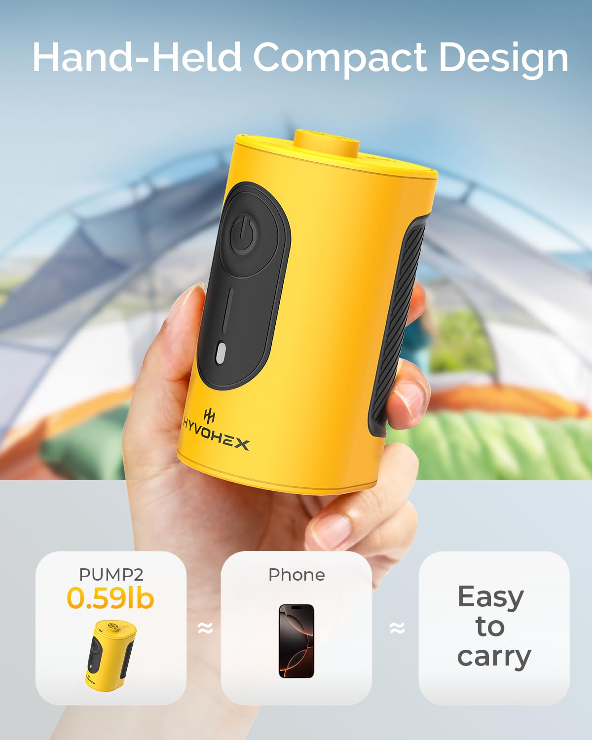 HYVOHEX packing-contents shows a complete inflator kit.
