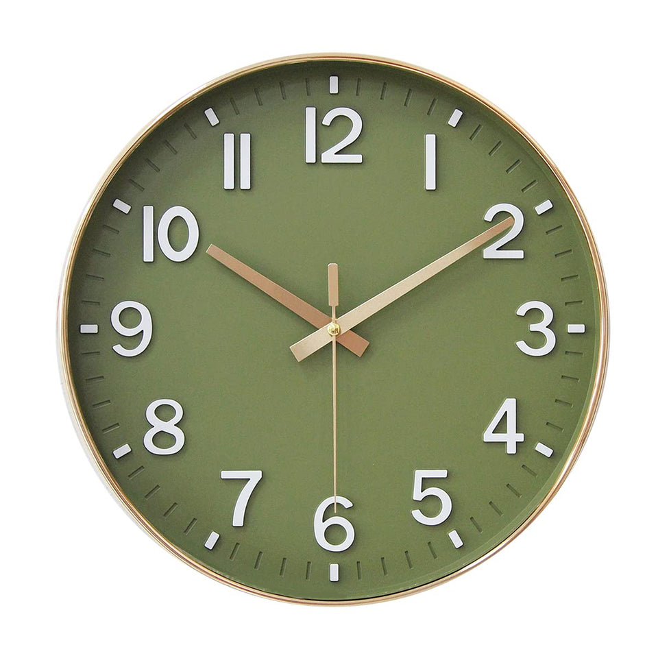 HZDHCLH wall clock with olive green dial and gold frame for elegant living spaces.