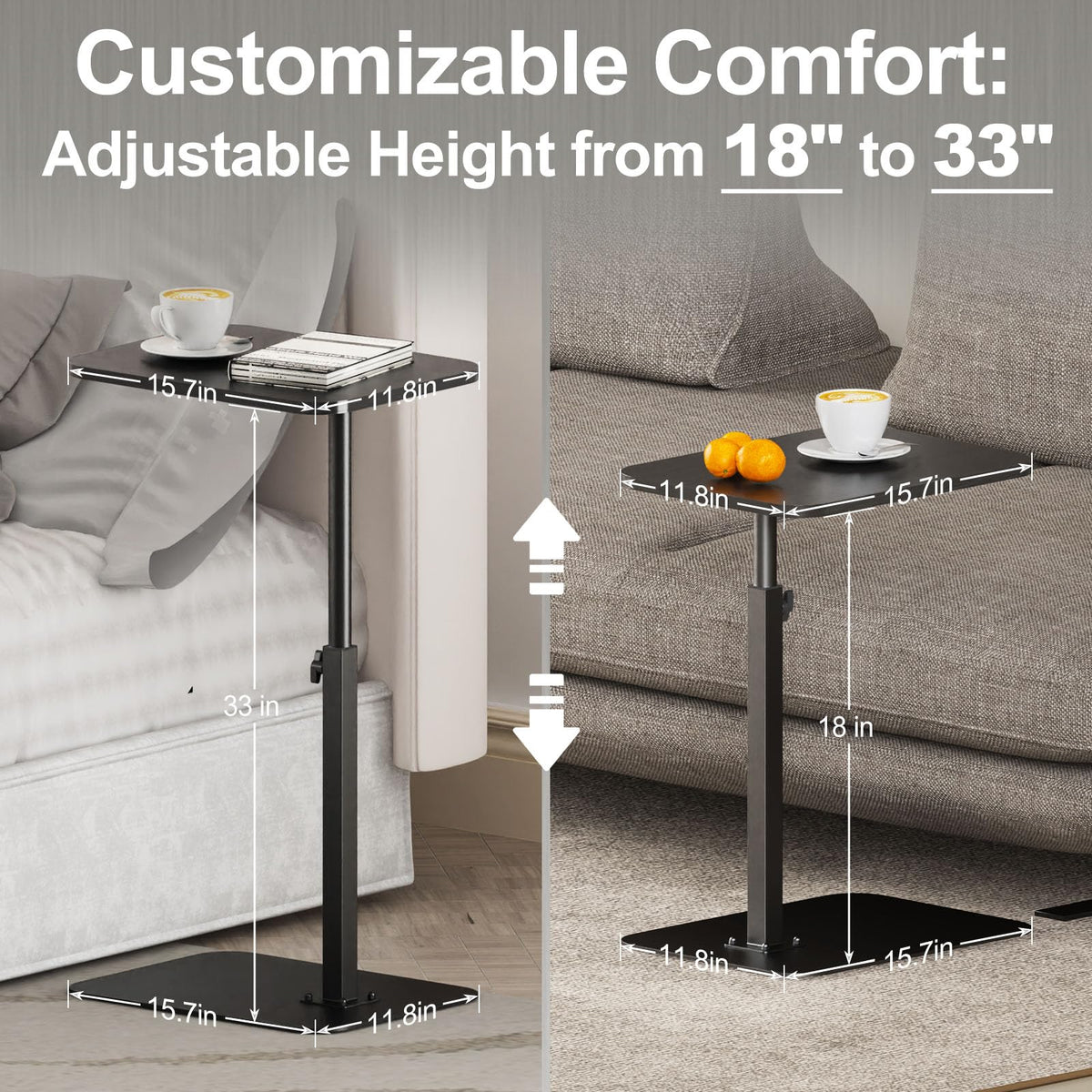 HzTinT C-shaped end table with wood panel for stable surface.