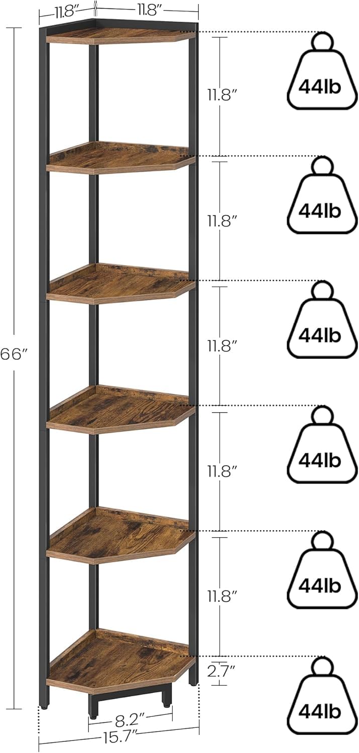 Hzuaneri 6-tier corner bookcase displays plants and treasures while maximizing floor area.