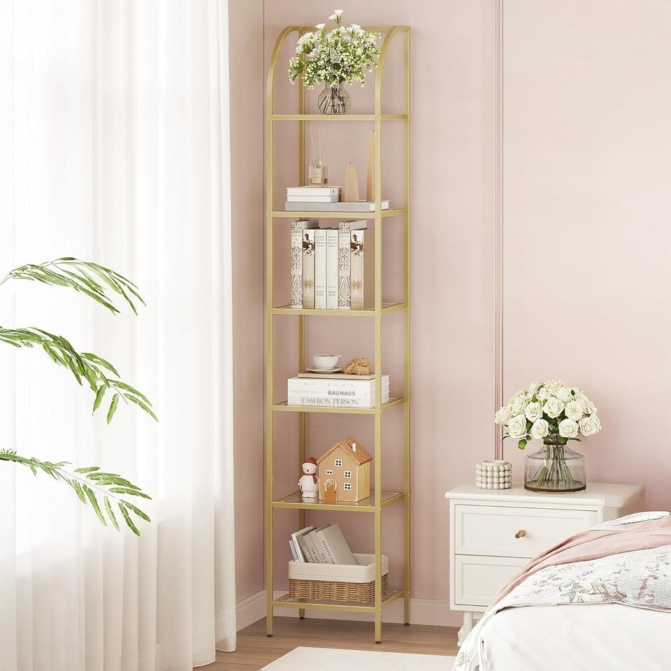 Hzuaneri 6-tier tempered-glass arch bookcase with gold frame displays books and decor.