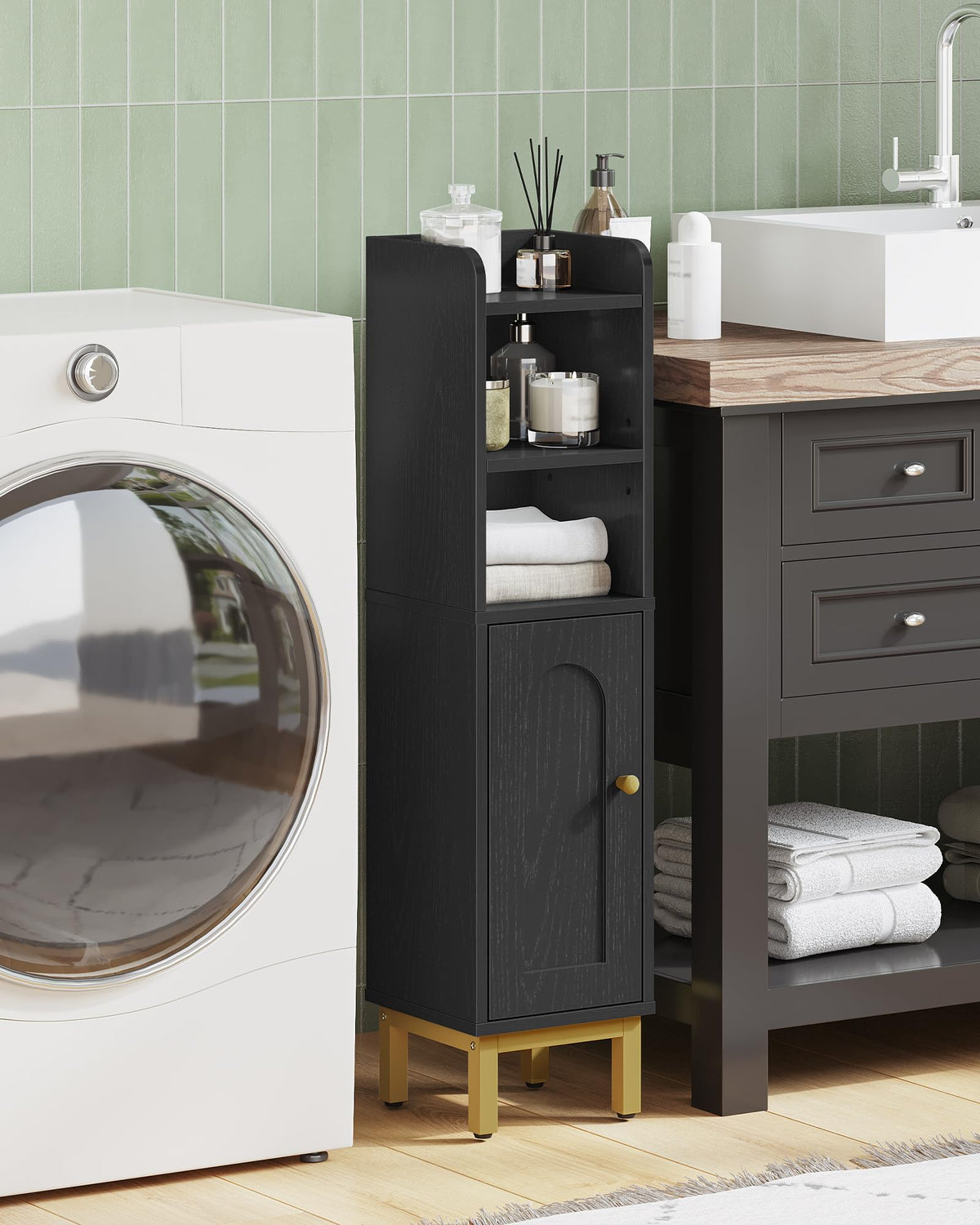 Hzuaneri arched door cabinet adds style while concealing clutter in the bathroom.