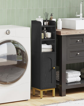 Hzuaneri arched door cabinet adds style while concealing clutter in the bathroom.