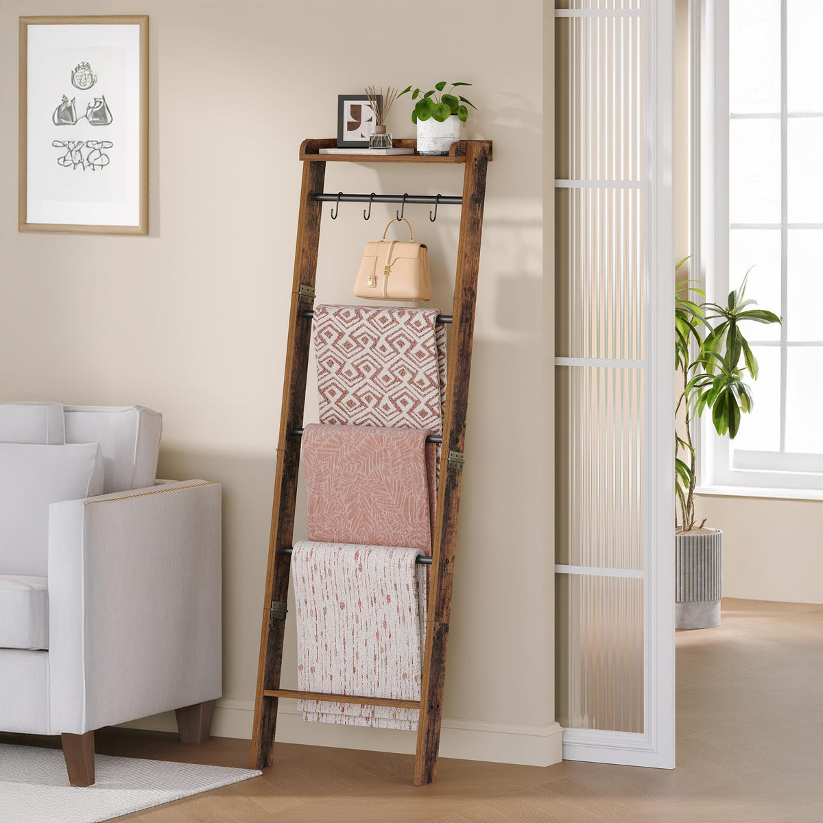 Hzuaneri blanket ladder top shelf display for decor and organization