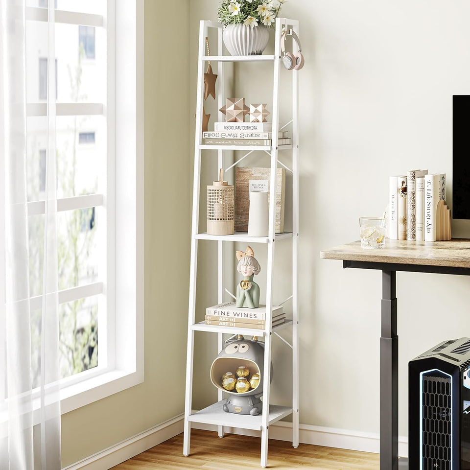 Hzuaneri 5-tier white ladder shelf showing compact storage potential