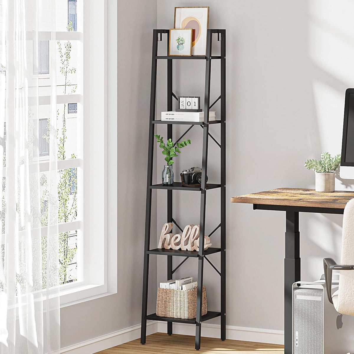 Hzuaneri ladder shelf in black adds vertical corner storage and style
