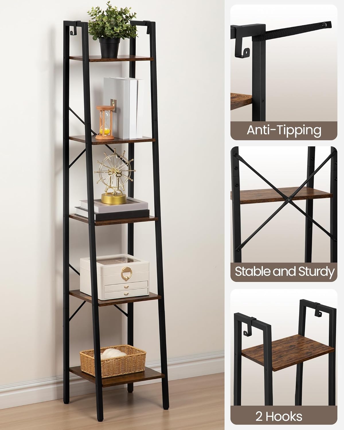 Corner placement of Hzuaneri ladder shelf saves space in a living room.