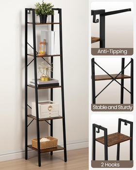 Corner placement of Hzuaneri ladder shelf saves space in a living room.