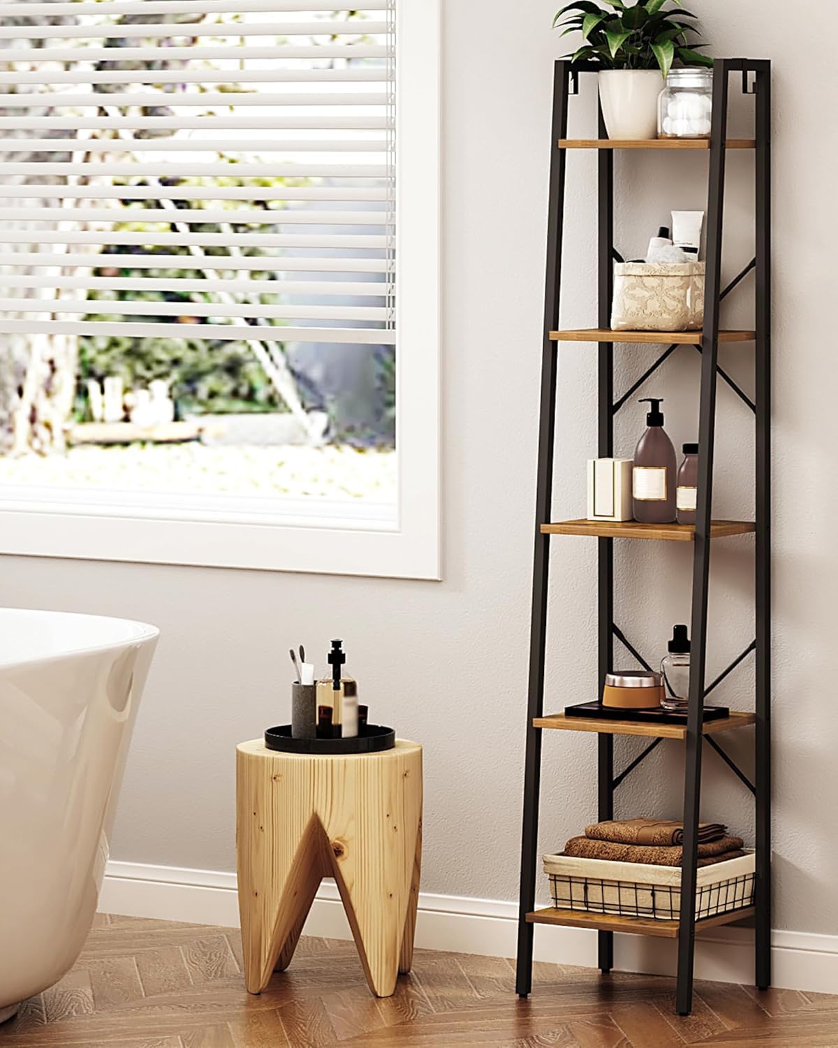 Five-tier Hzuaneri shelf displaying books and plants for organized storage.