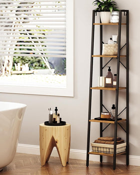 Five-tier Hzuaneri shelf displaying books and plants for organized storage.