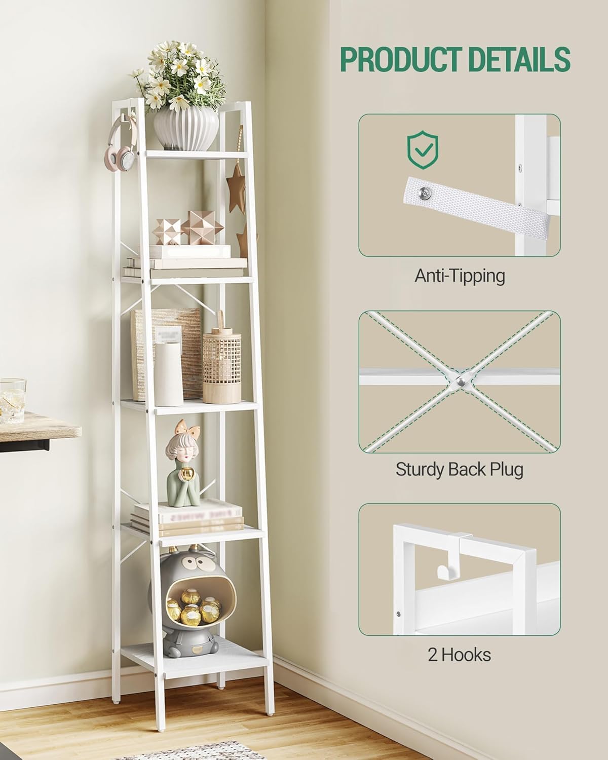 Hzuaneri ladder shelf demonstrates freestanding corner unit ideal for living room corners