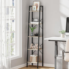 Hzuaneri ladder shelf greige finish displaying books and plants.