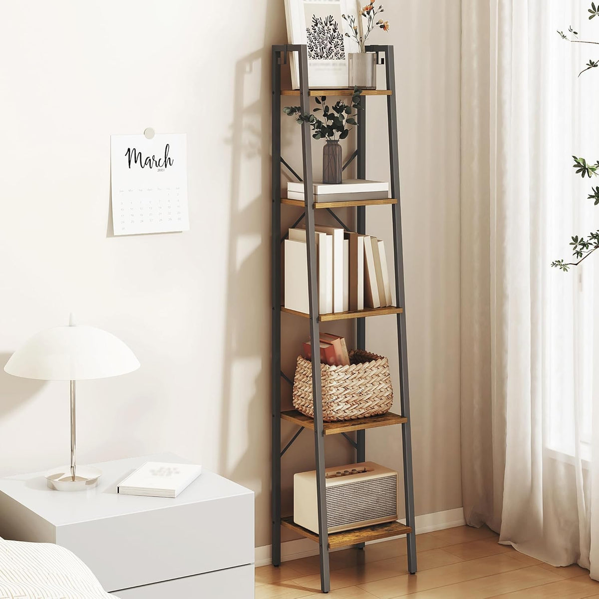 Hzuaneri ladder shelf in rustic brown fits corner space for books and decor.