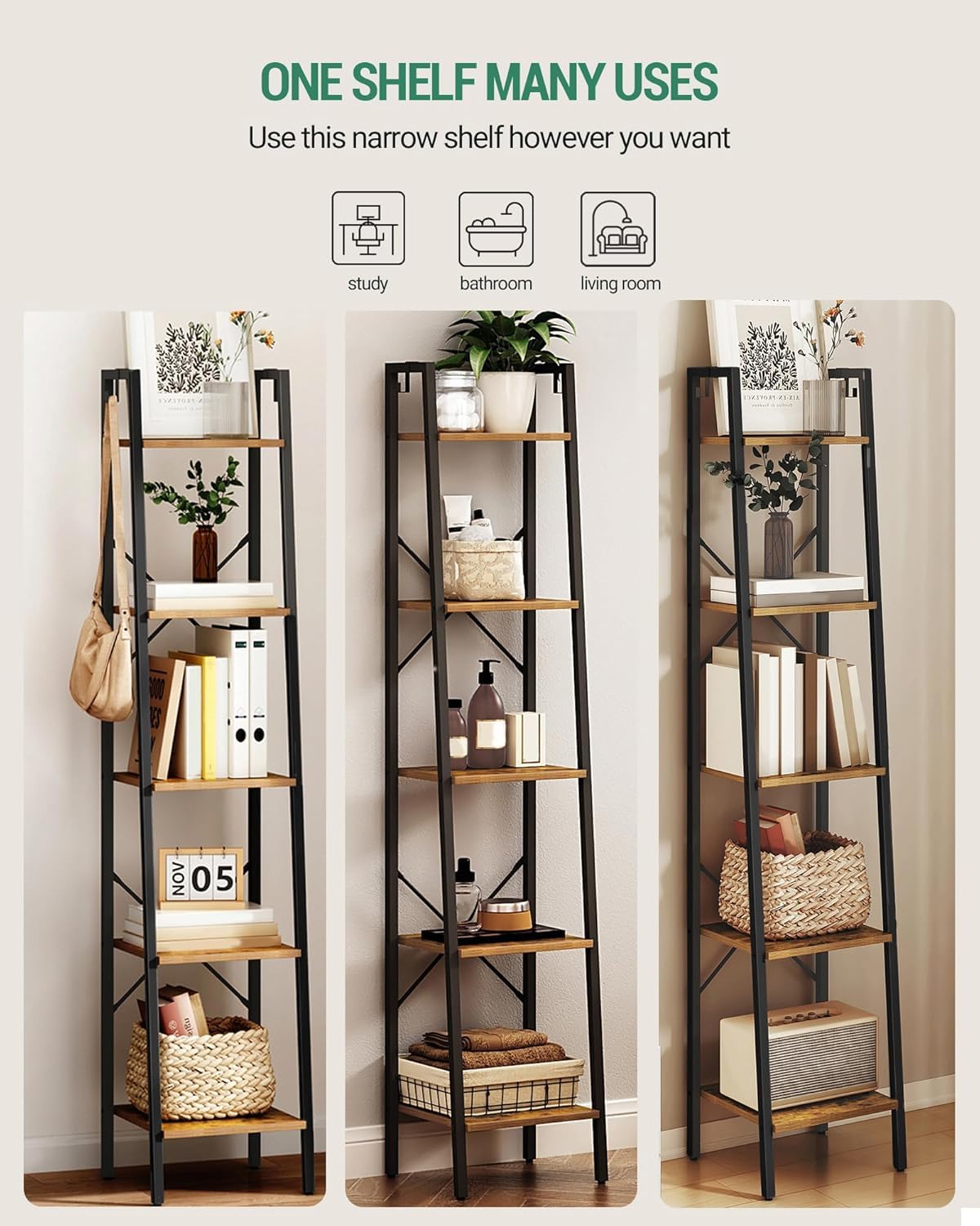 Hzuaneri ladder shelf with two hooks for keys and bags.