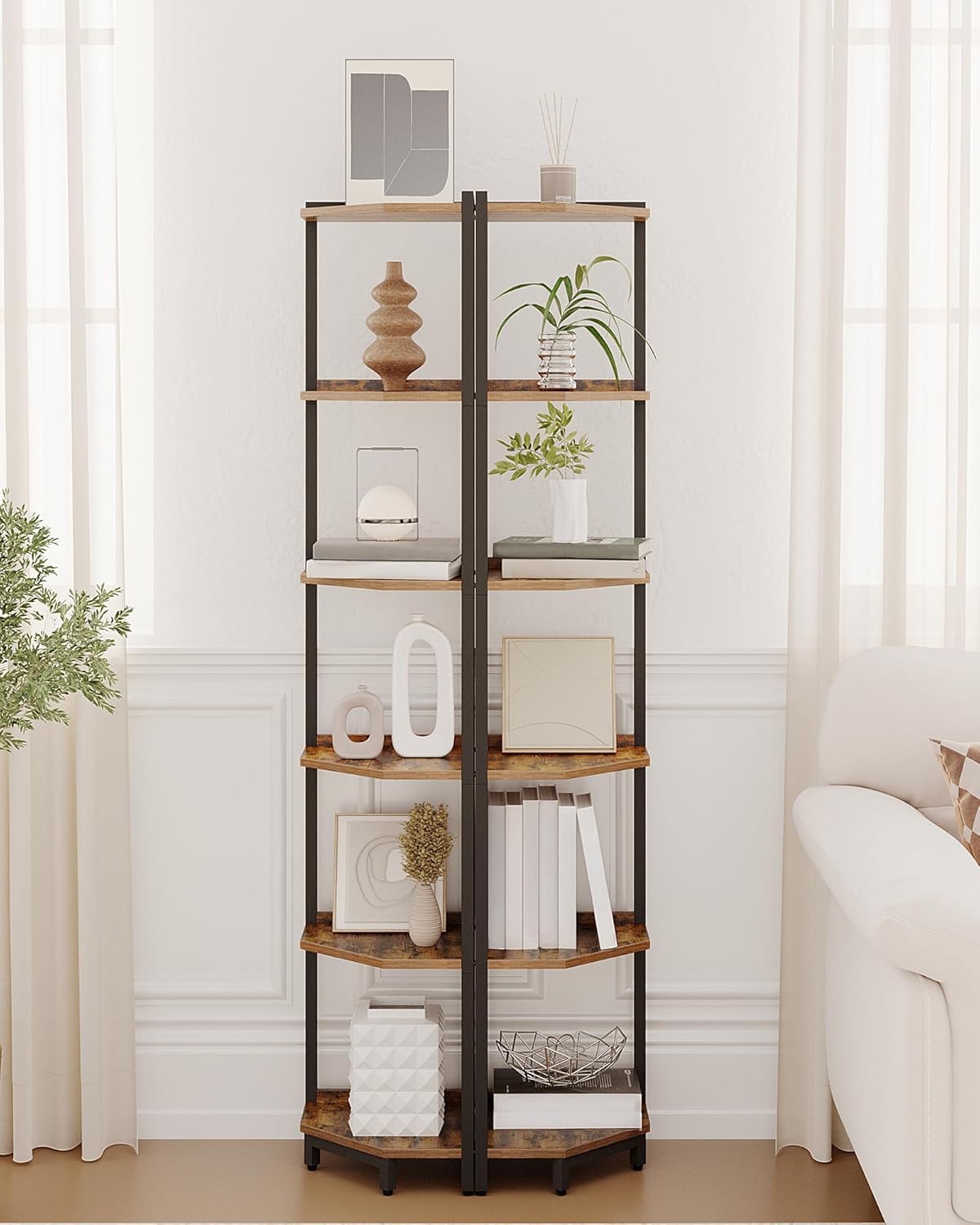 Hzuaneri metal-frame shelf unit adds sturdy storage for books, photos, and accents.