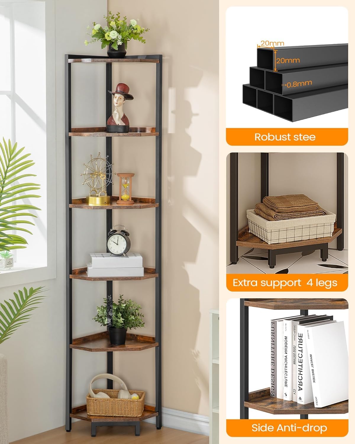 Hzuaneri rustic brown shelf finish highlights a stylish, practical storage solution.