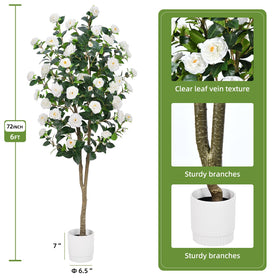 HZXGCP artificial camellia blossoms close-up with vibrant petals and lush leaves.