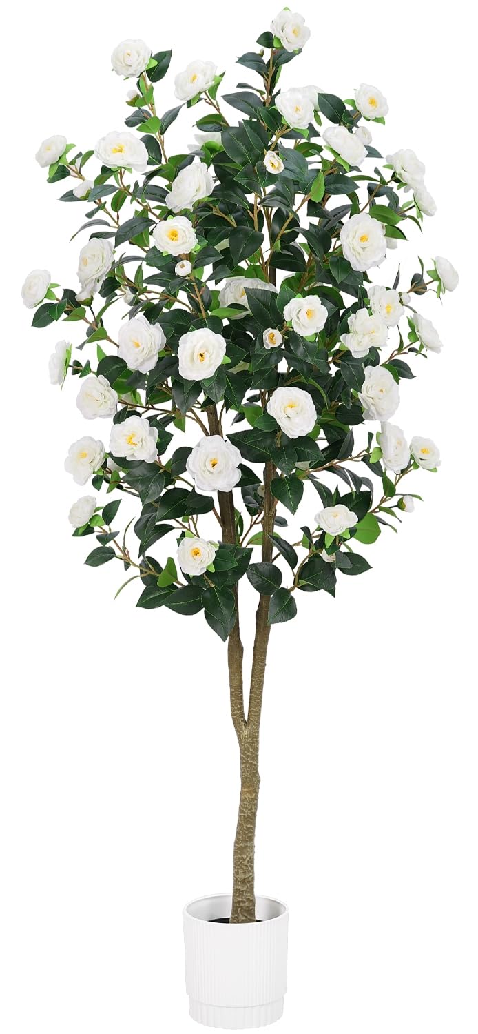 HZXGCP 6ft artificial camellia tree in a bright living room for elegant indoor decor.