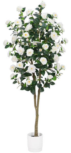 HZXGCP 6ft artificial camellia tree in a bright living room for elegant indoor decor.