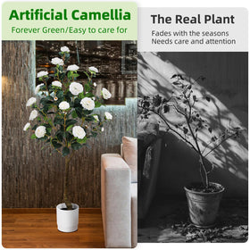 HZXGCP 6ft camellia tree leaves close-up showing durable silk and realistic texture.