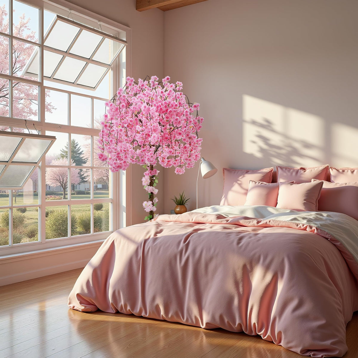 HZXGCP pink blossom tree sits in a sturdy white plastic pot included in the design.