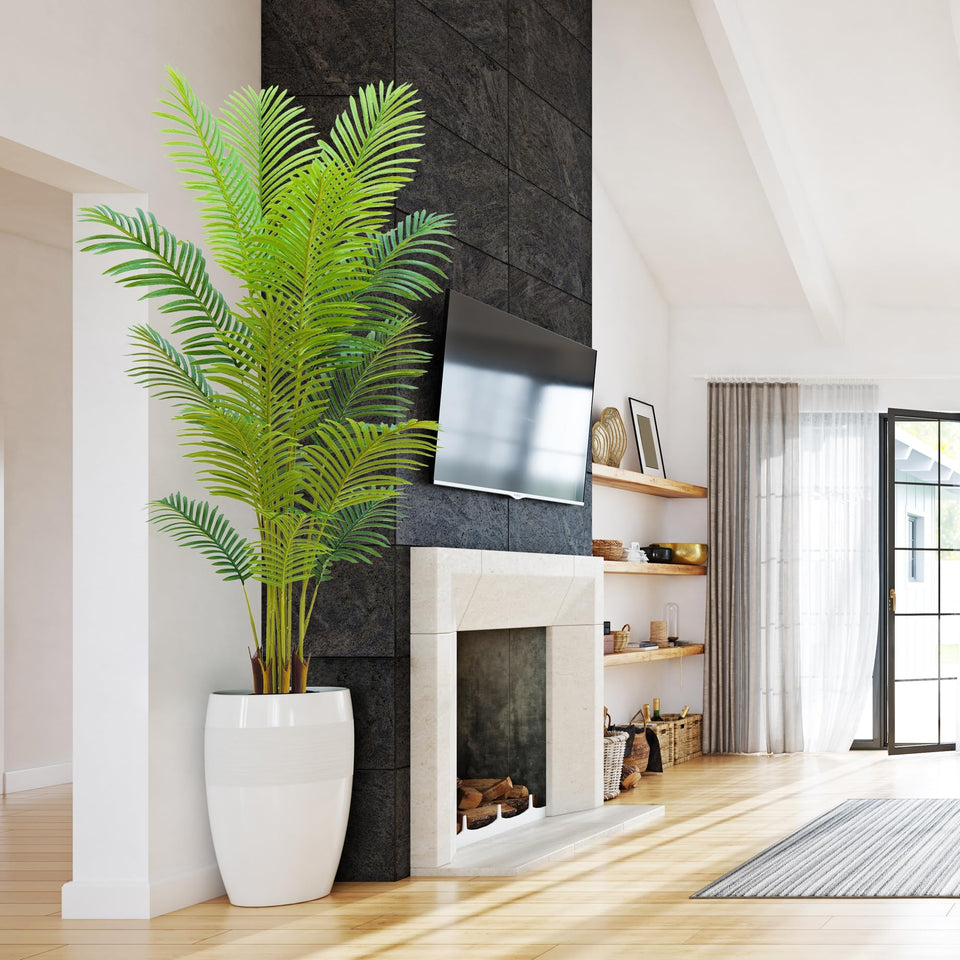 HZXGCP 6ft artificial palm tree in a white pot enhances living room ambience.
