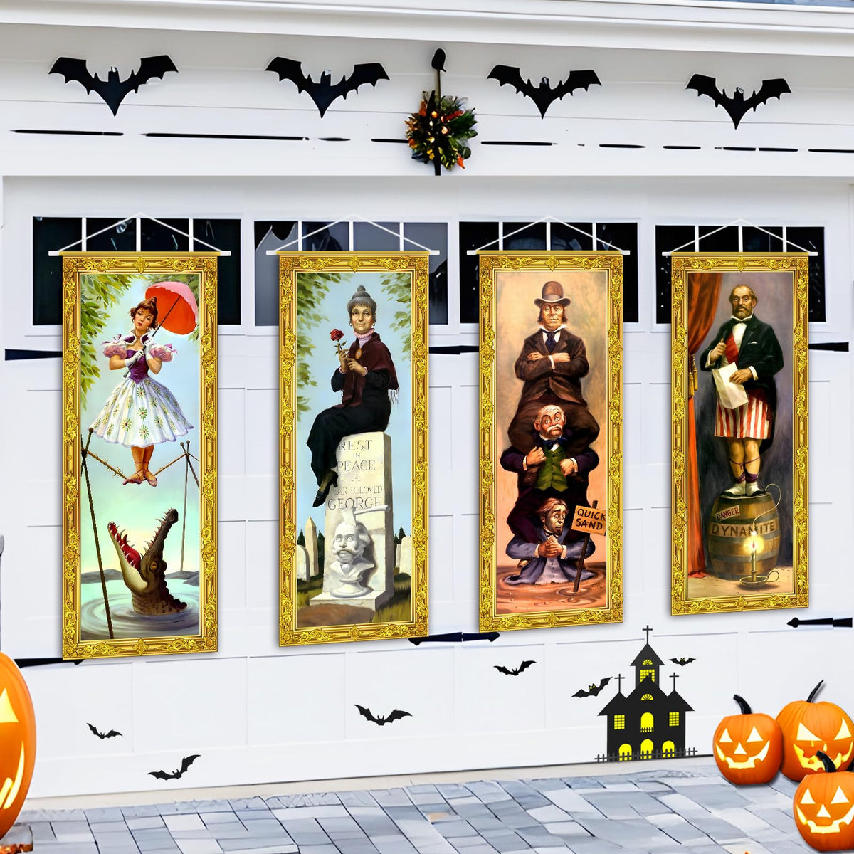 ianthe haunted mansion portraits 4pc with golden frames, ideal as Halloween backdrops for photos.