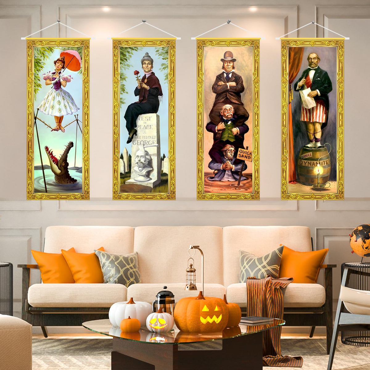 ianthe haunted mansion 4pc backdrop, vibrant colors for spooky indoor decor.