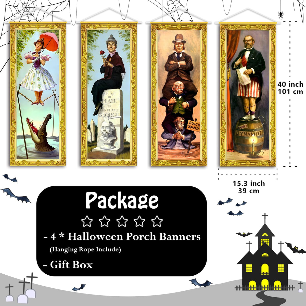 ianthe 4pc backdrop with frame pattern, easy setup for quick Halloween decor.