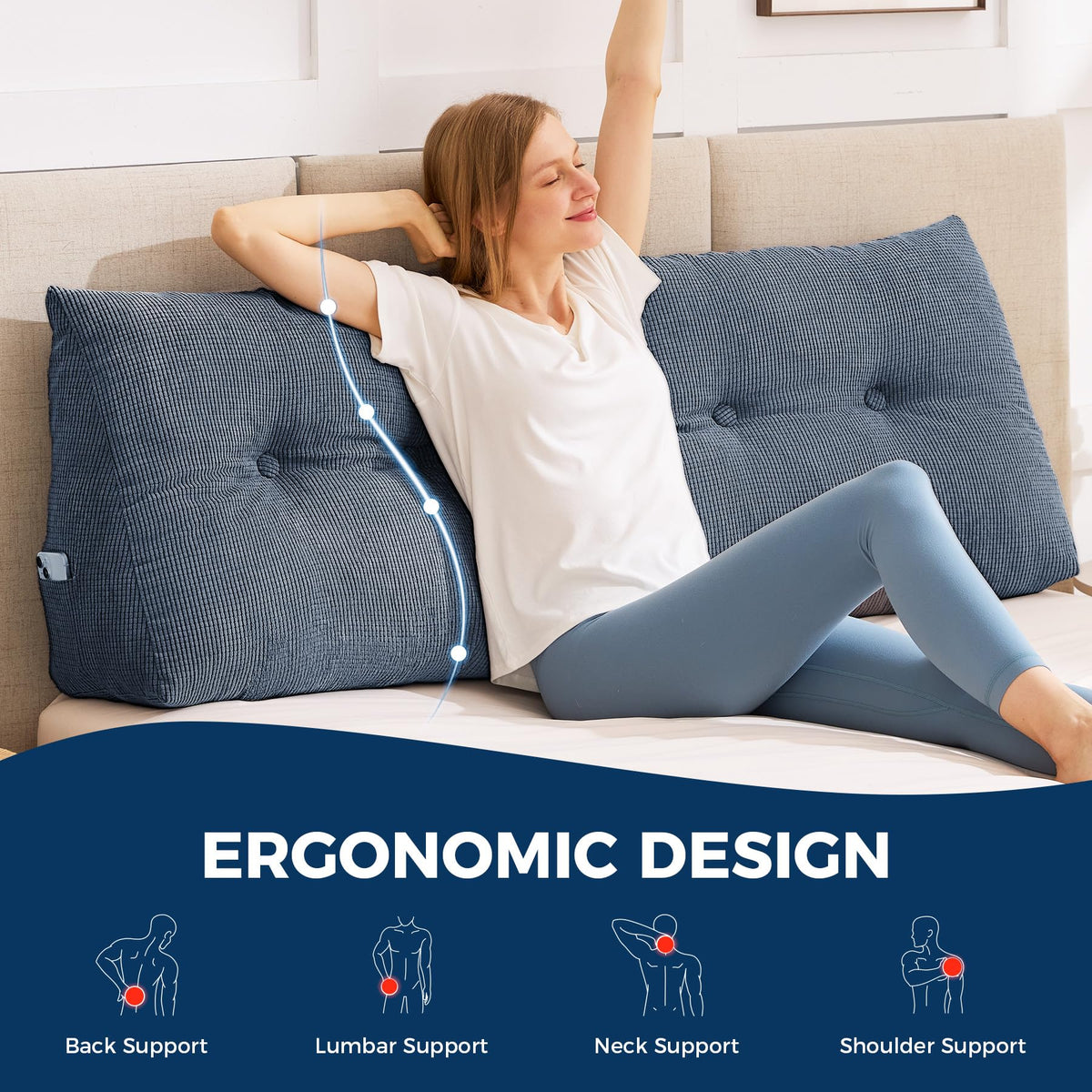 IASEAHK navy blue removable cover on queen headboard pillow for durable daily use.
