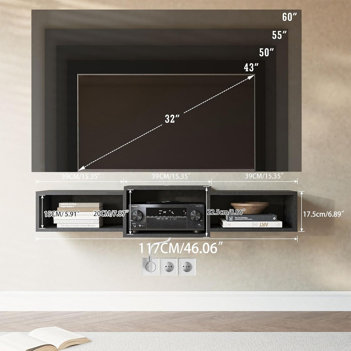 IBUYKE floating TV stand cable management holes keep cords organized.