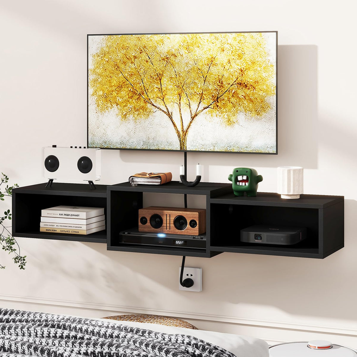 IBUYKE floating TV stand includes hardware for quick setup.
