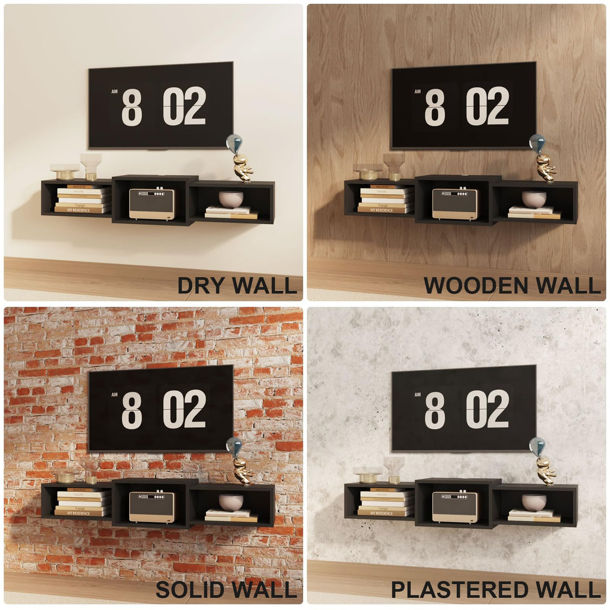 IBUYKE floating TV stand two-story design for storage.