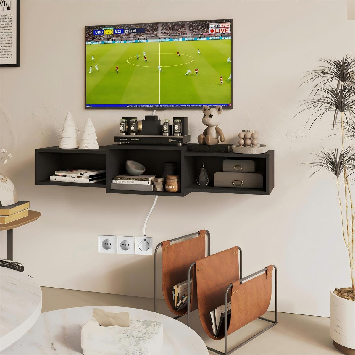 IBUYKE floating TV stand wall-mounted installation in progress.