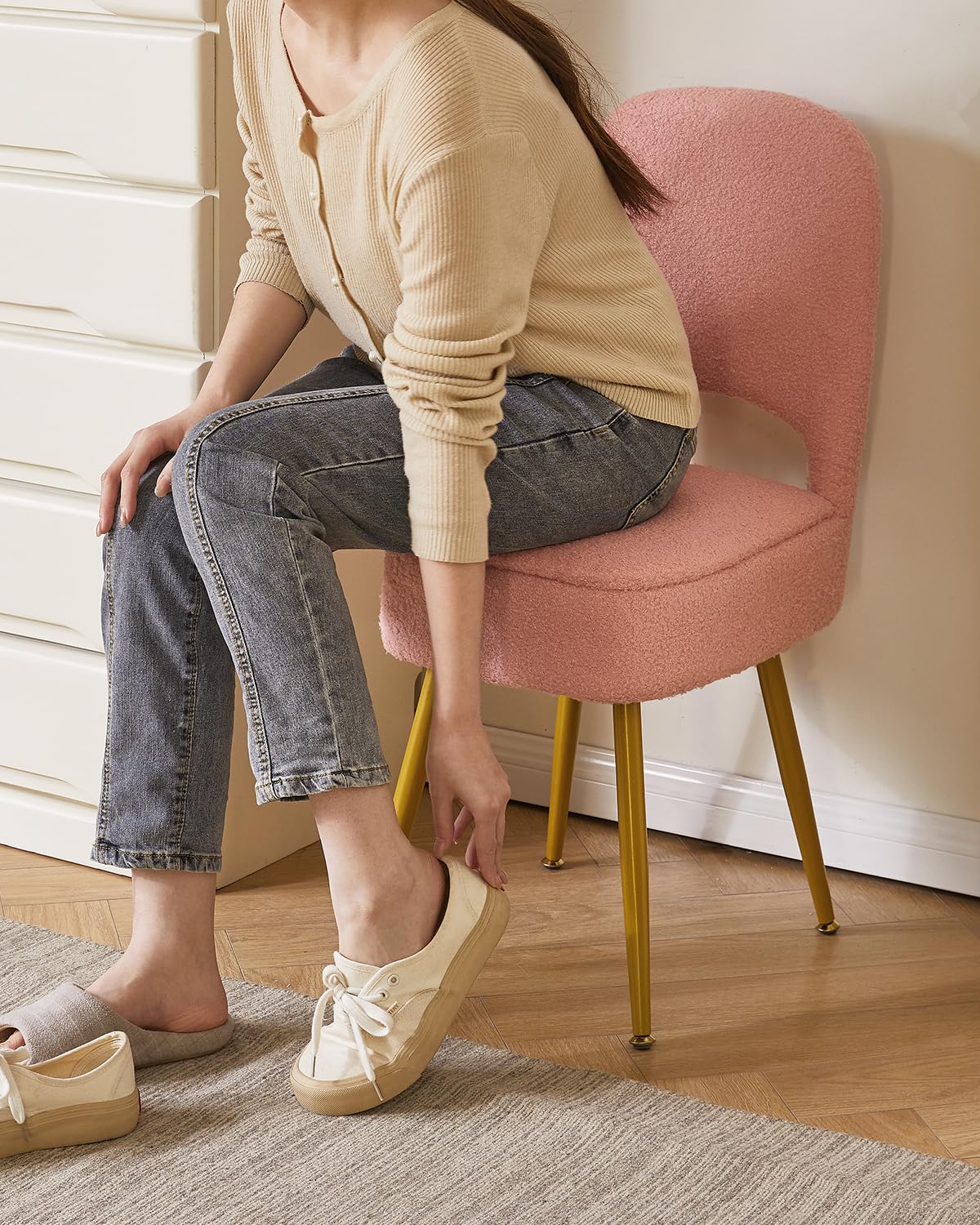 IBUYKE vanity stool features anti-slip feet for stable placement on carpets.