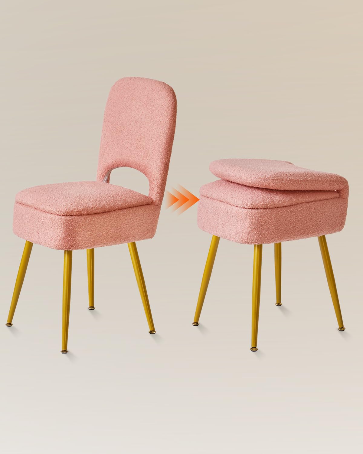 IBUYKE vanity stool with folding backrest in pink for added support.