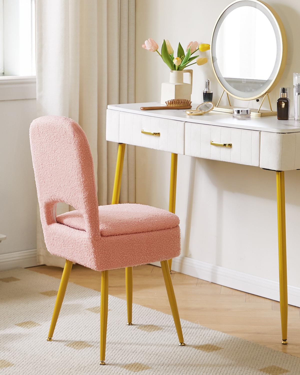 IBUYKE vanity stool with gold-finish metal legs for modern style.