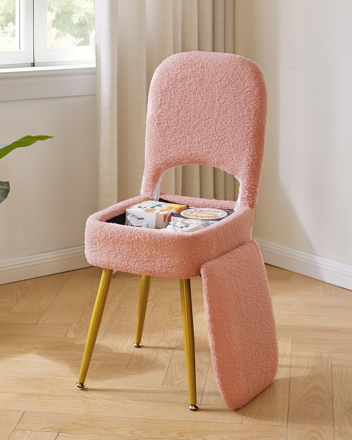 IBUYKE pink teddy velvet vanity stool showing interior storage compartment.