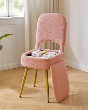 IBUYKE pink teddy velvet vanity stool showing interior storage compartment.
