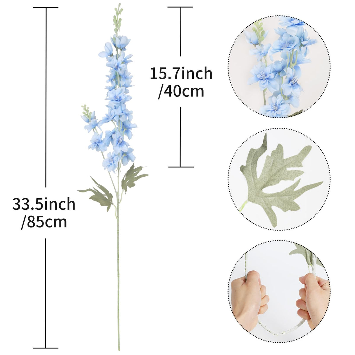 ICBOX odor-free delphinium stems with flexible wire for easy shaping.