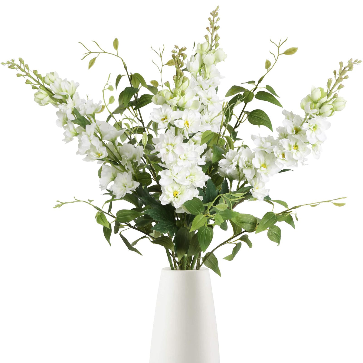 ICBOX delphinium artificial flowers in white, four-piece set for elegant table decor.