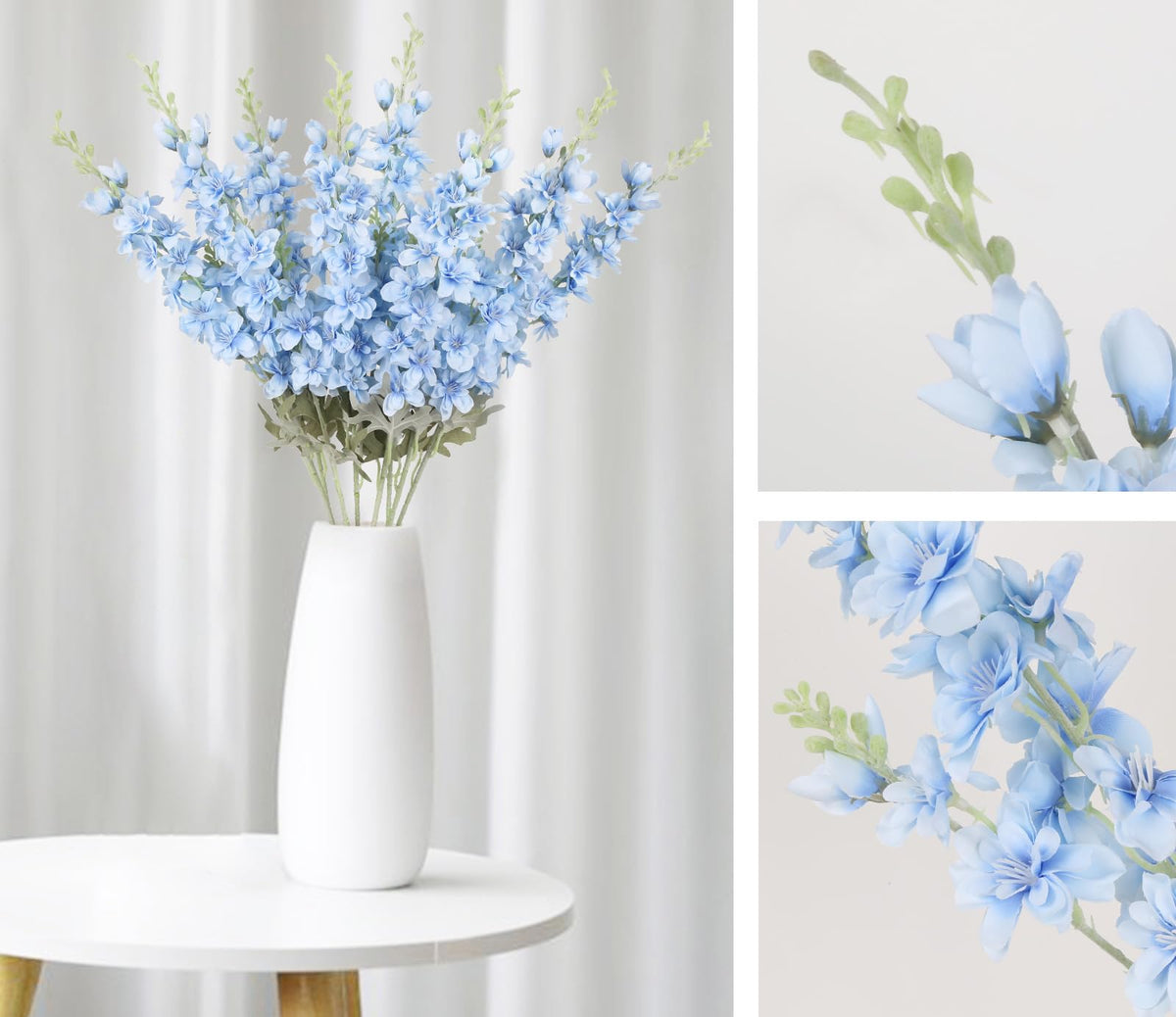 ICBOX silk delphinium flowers with movable leaves and heads for customization.