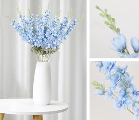 ICBOX silk delphinium flowers with movable leaves and heads for customization.