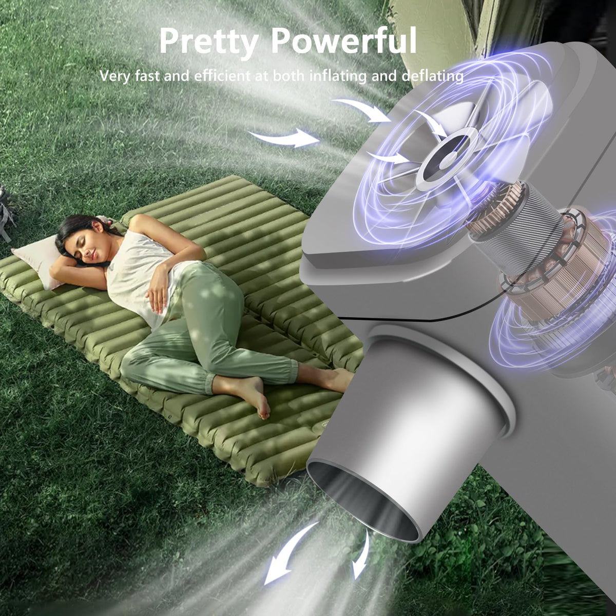 ICEKATI air pump inflates and deflates mattresses and rings efficiently for camping.