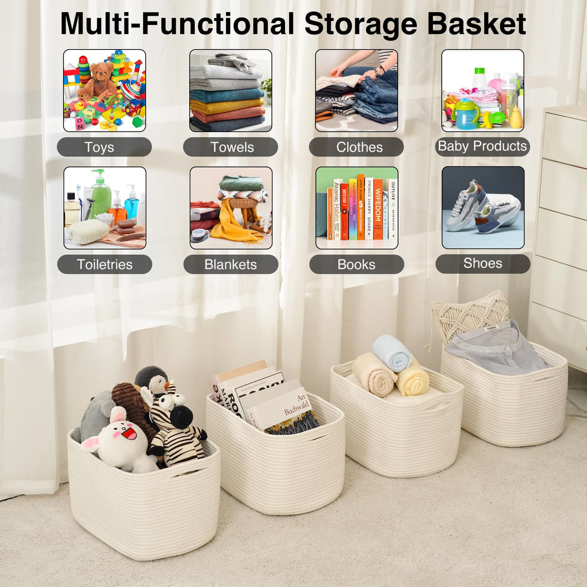 ICERZCZ basket for books keeps shelves organized and accessible.