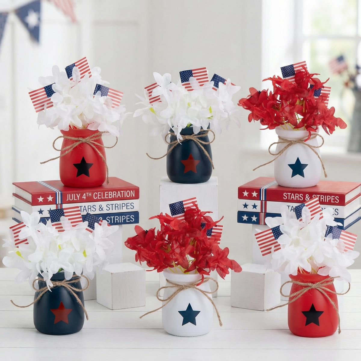Iceyyyy fourth of july mason jar centerpiece with flowers and flags for a festive table display
