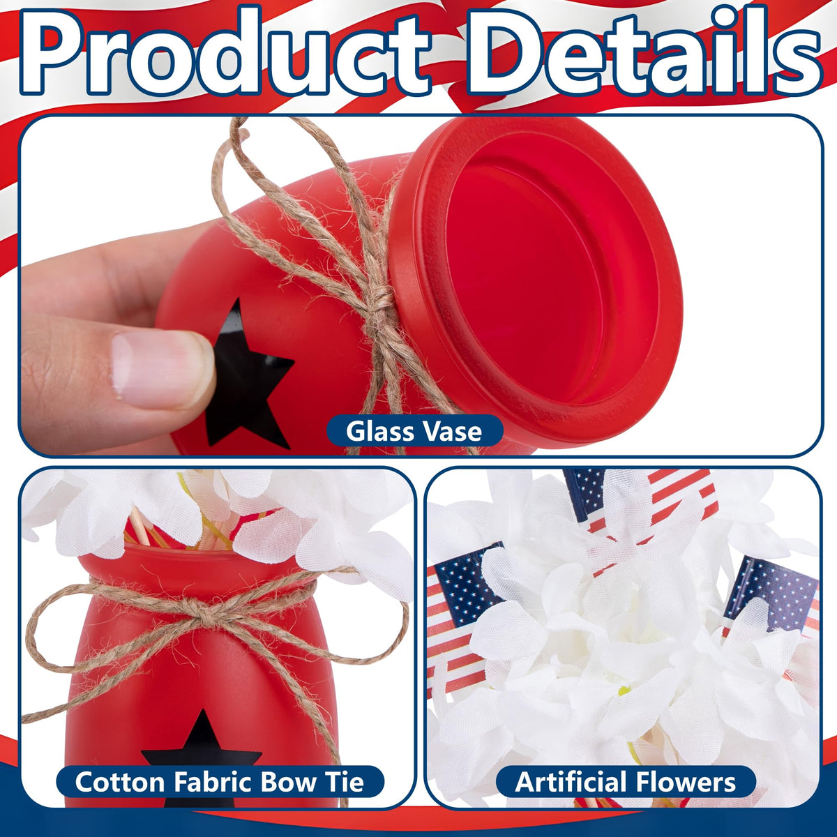Iceyyyy patriotic table decor jar with red white and navy accents and flags