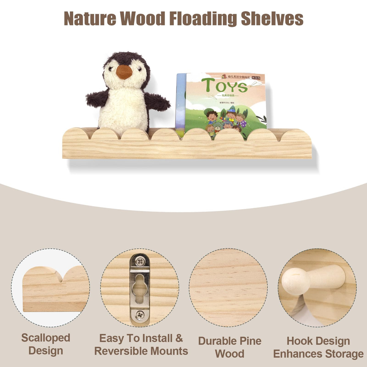 icnjdMopclean scalloped wall shelves highlight natural pine texture for warm nursery decor