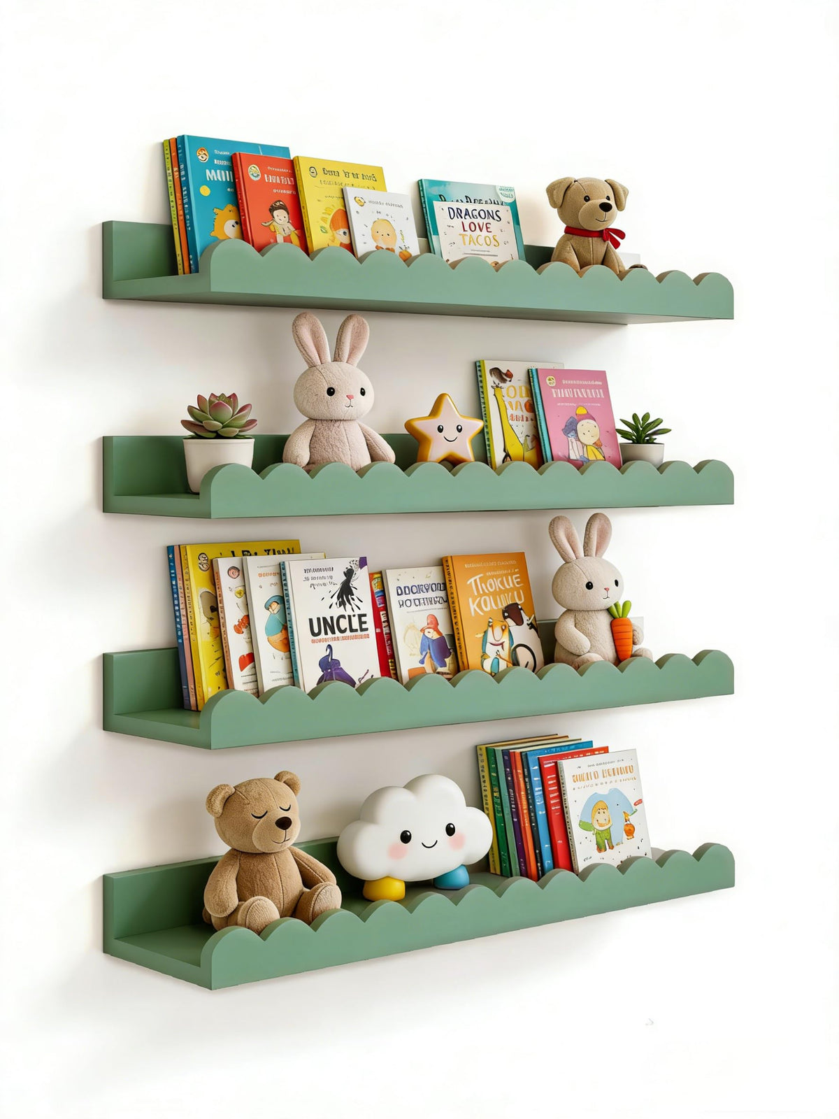 icnjdMopclean scalloped sage shelf neatly displays children's books in a cozy nursery