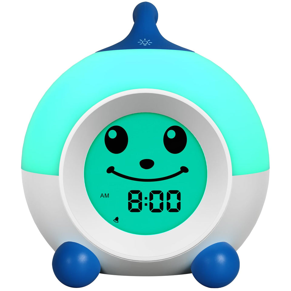 I·CODE Ok to Wake clock in a child's bedroom signaling wake times with smiley icons.